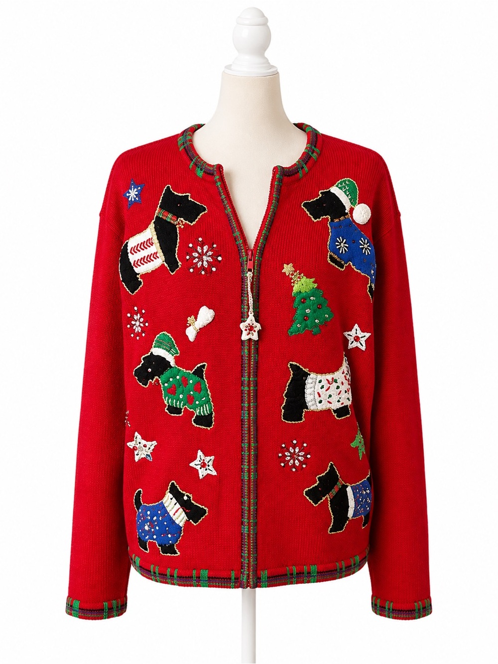 Dressbarn Christmas Sweater Womens L Scottie Dog Zip Cardigan Ugly Christmas